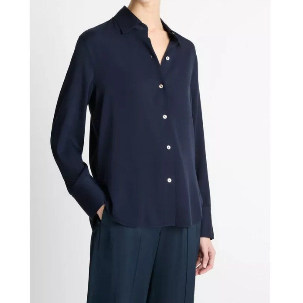 NWT Vince Stretch-Silk Button-Front Blouse in Costal Blue - Picture 2 of 7